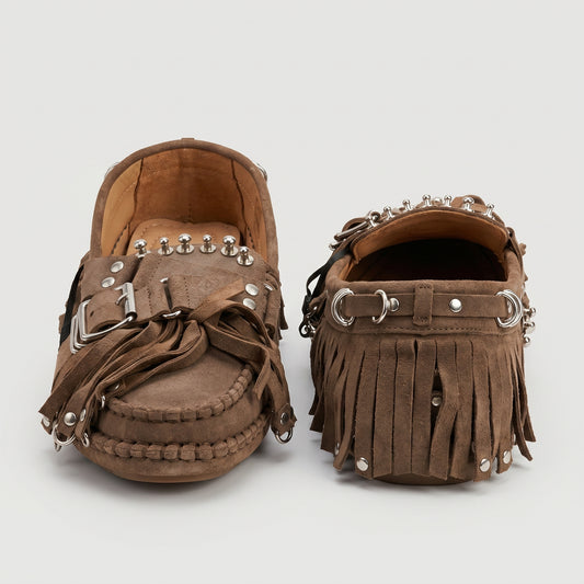 Studded Fringed Suede Loafers