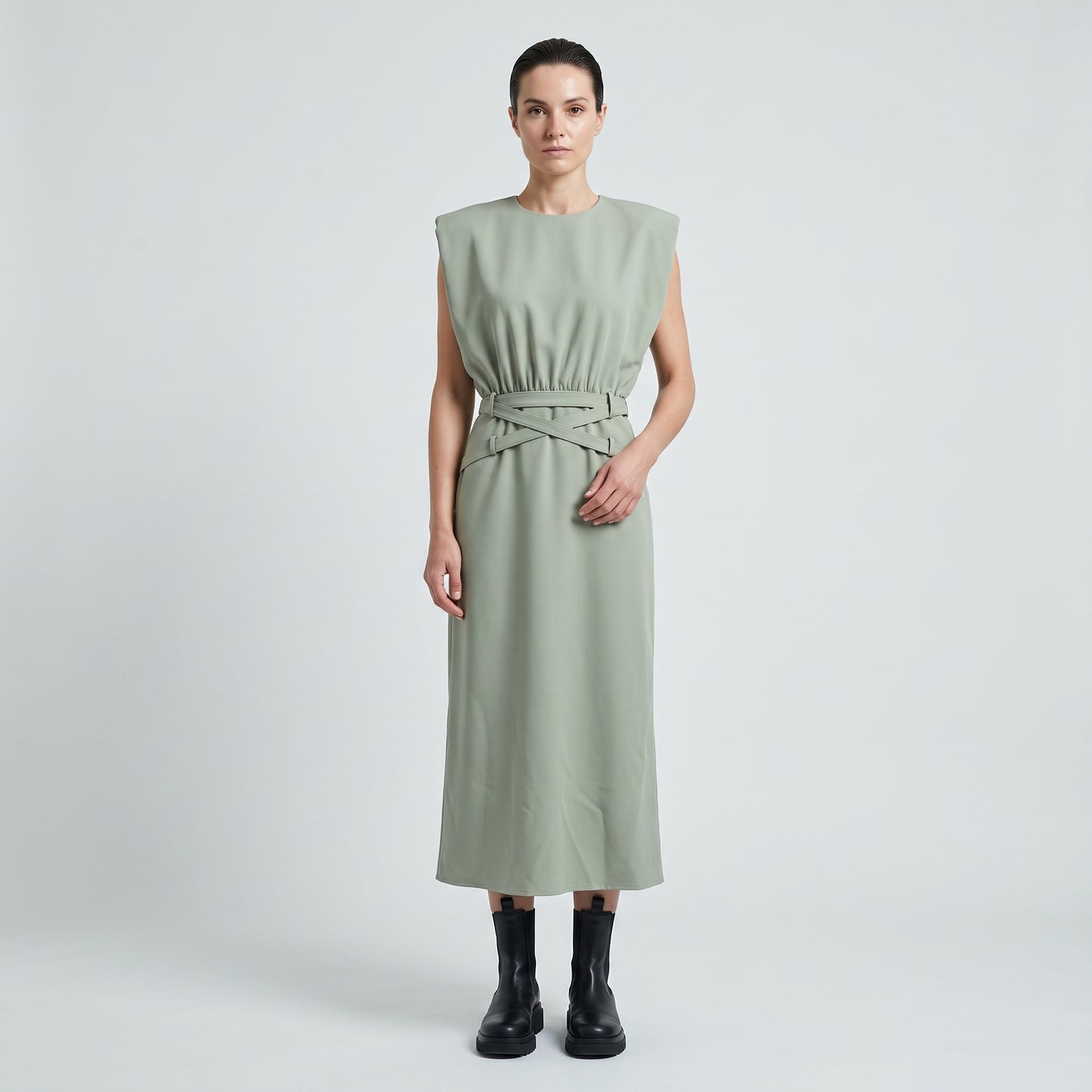 Structured Belted Sage Mini Dress