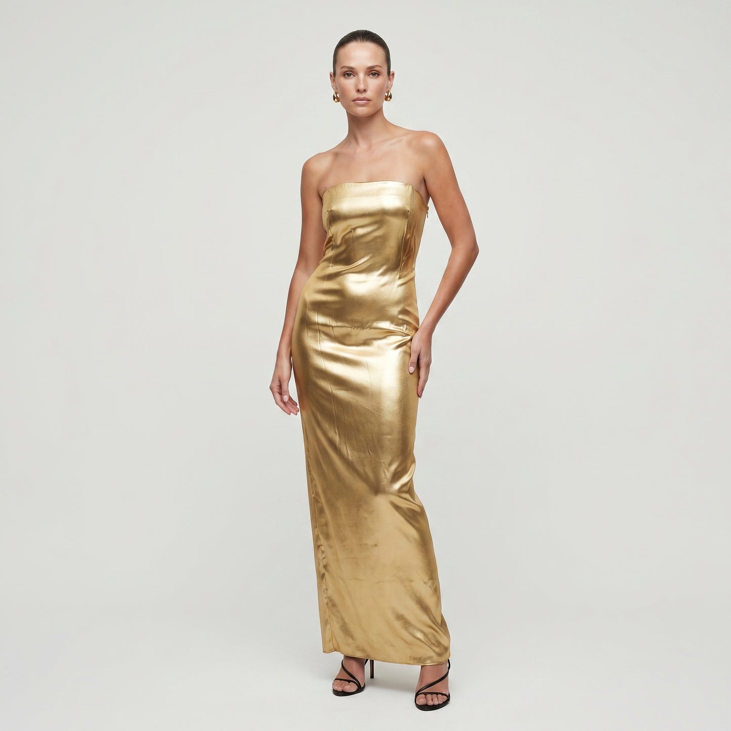 Metallic Strapless Gold Maxi Dress