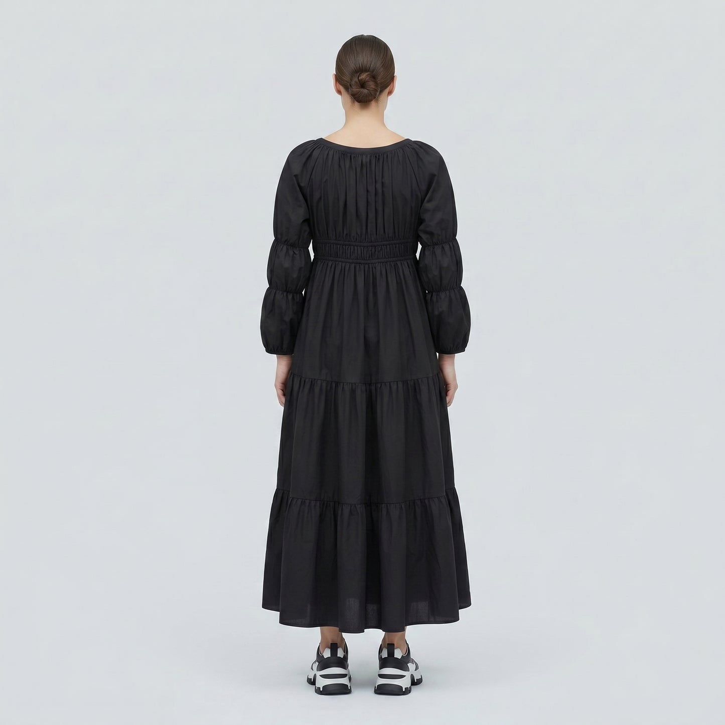 Ruched Tiered Cotton Midi Dress