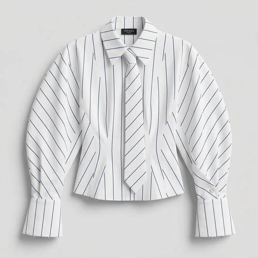 Striped Tailored Tie-Neck Shirt