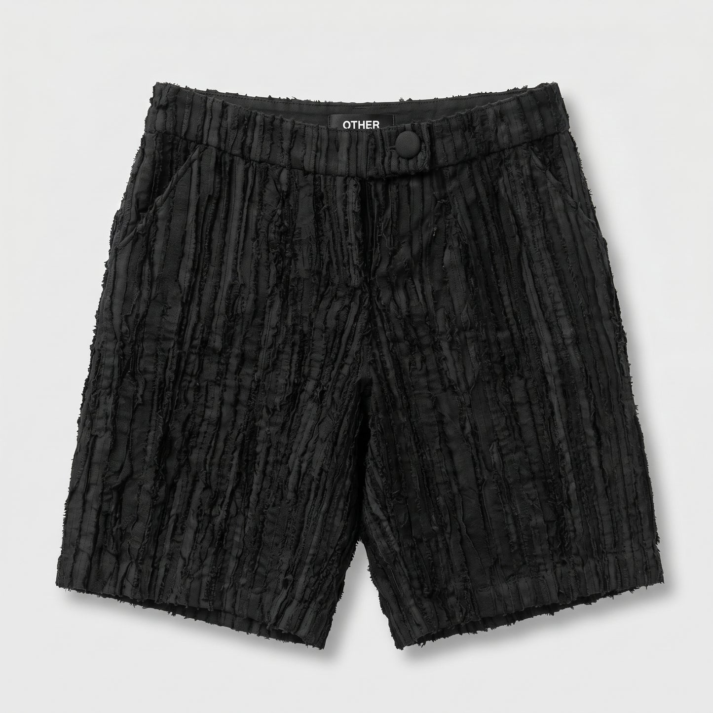 Textured Fringed Black Shorts
