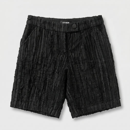 Textured Fringed Black Shorts