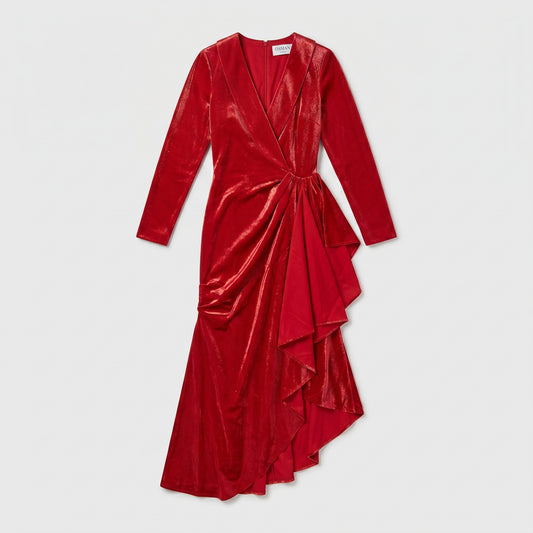 Red Velvet Ruffled Midi Dress