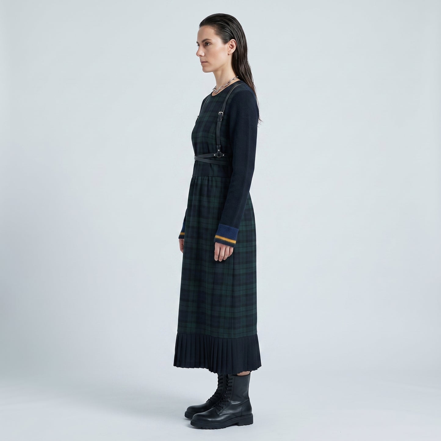 Tartan Paneled Pleated Midi Dress