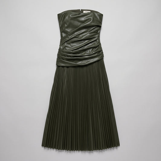 Ruched Faux Leather Pleated Dress