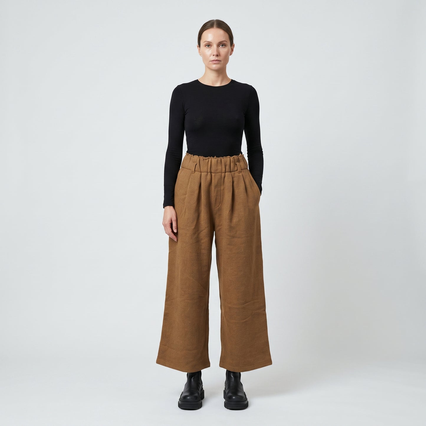 Camel Pleated Wide-Leg Trousers