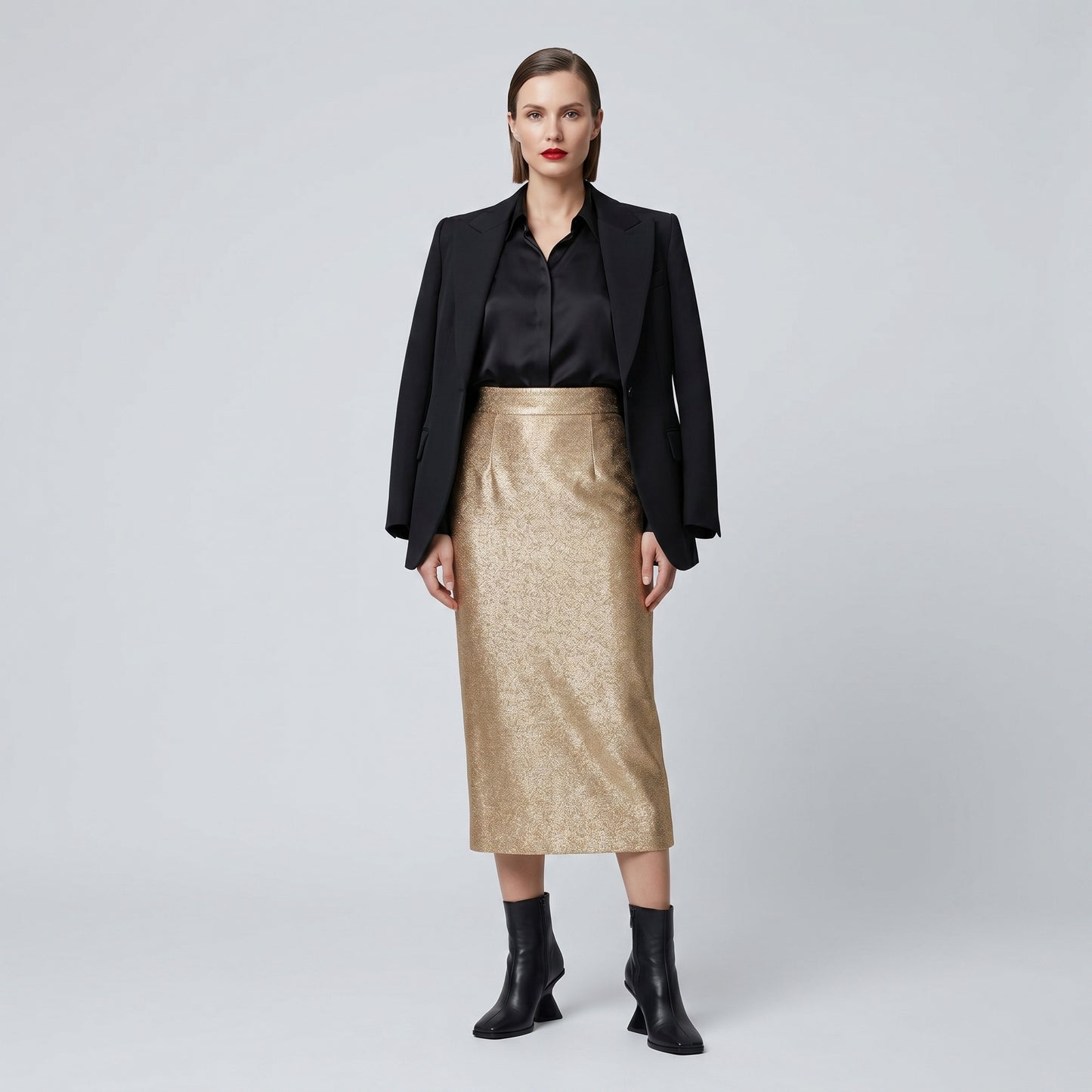 Metallic Gold Midi Pencil Skirt