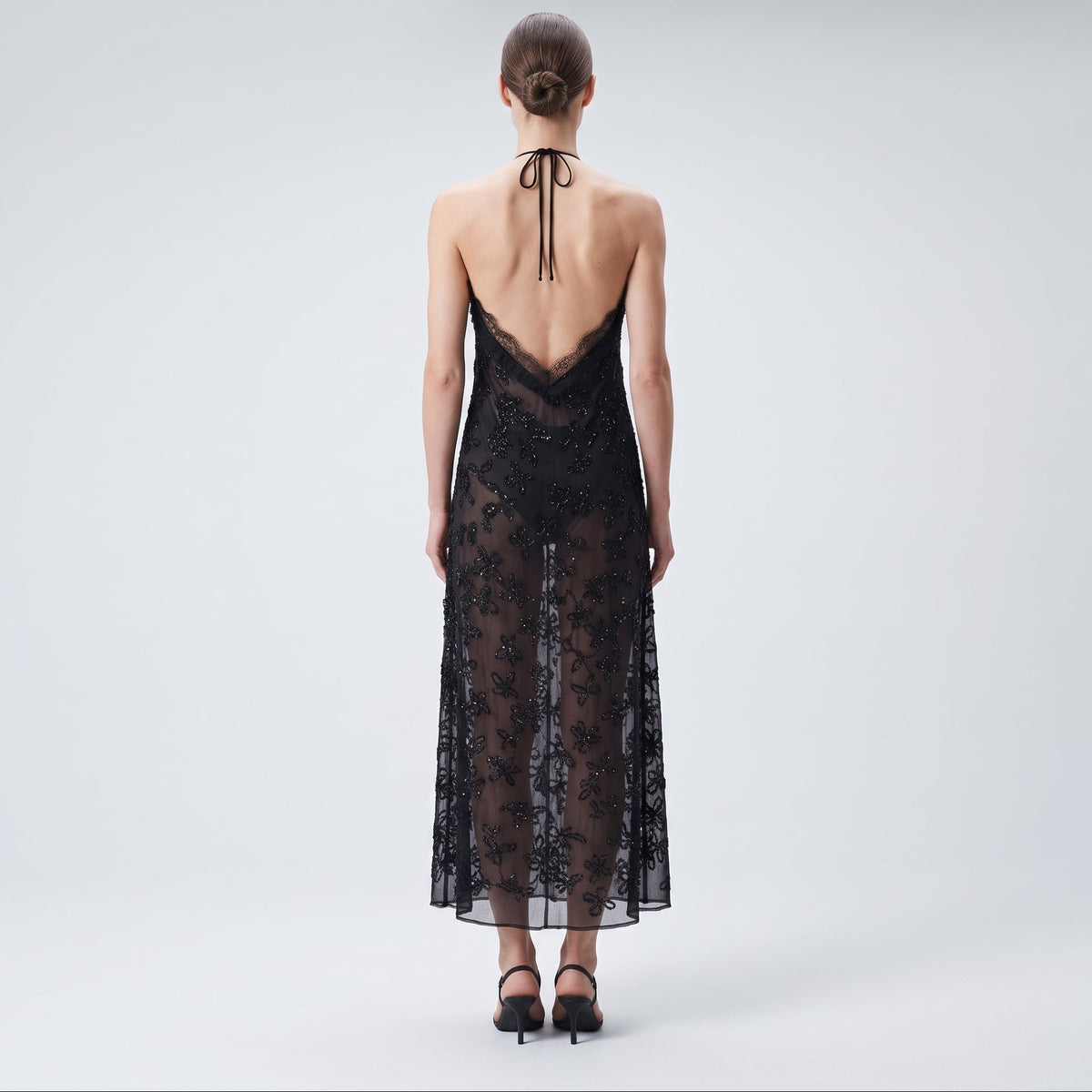 Embellished Black Halter Midi Dress