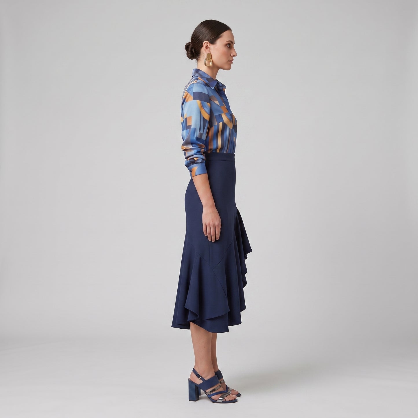 Navy Asymmetric Ruffle Midi Skirt