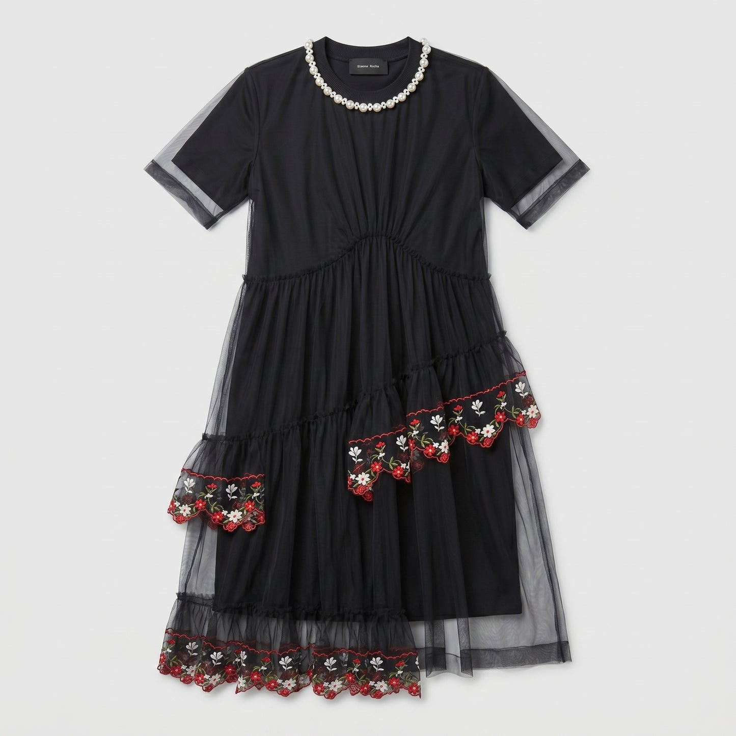 Embroidered Tulle Pearl Neck Dress