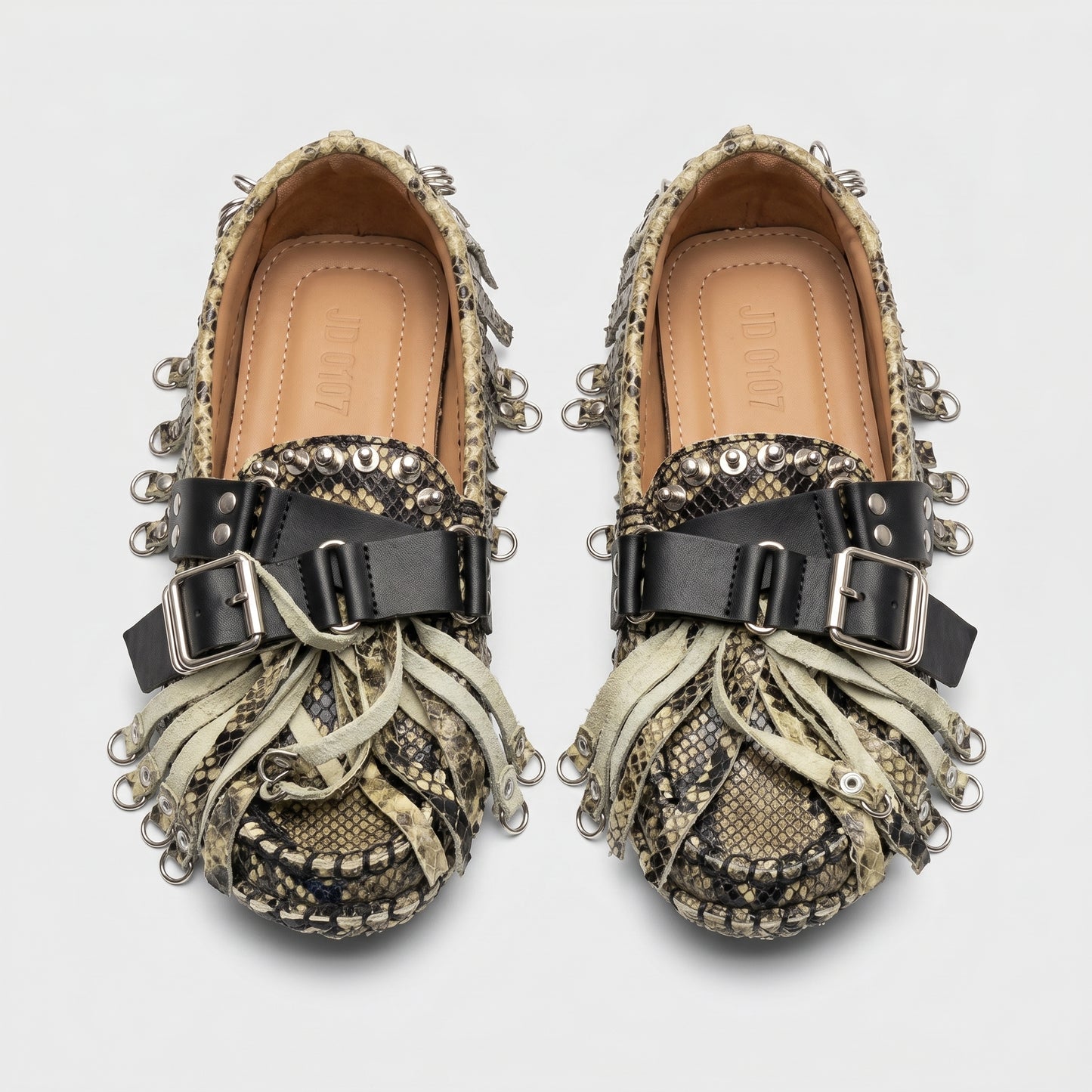 Studded Snakeskin Fringe Loafers