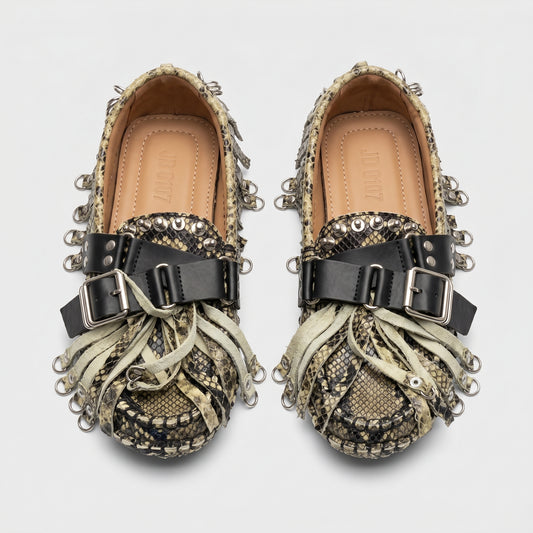 Studded Snakeskin Fringe Loafers