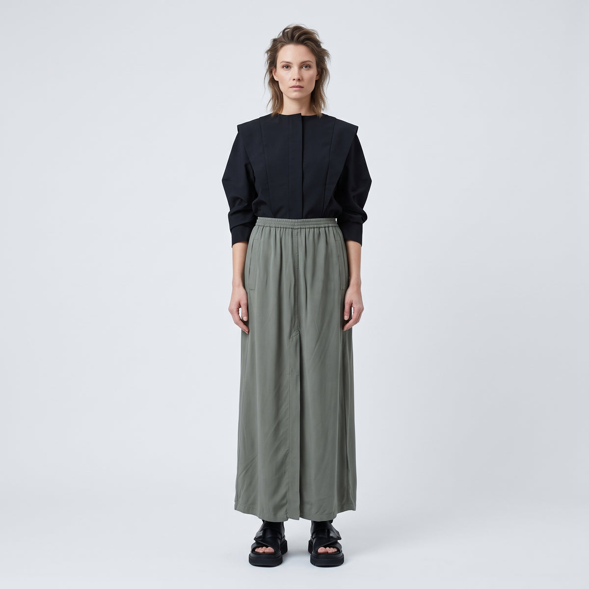Olive Green Elastic Waist Skirt