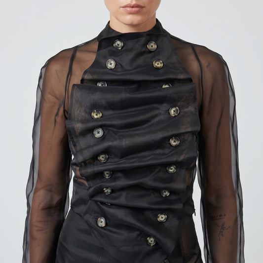 Sheer Double Breasted Draped Top