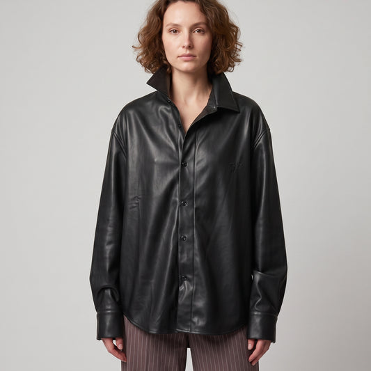 Black Faux Leather Oversized Shirt