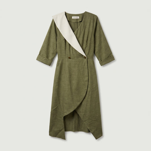 Tailored Olive Wrap Midi Dress