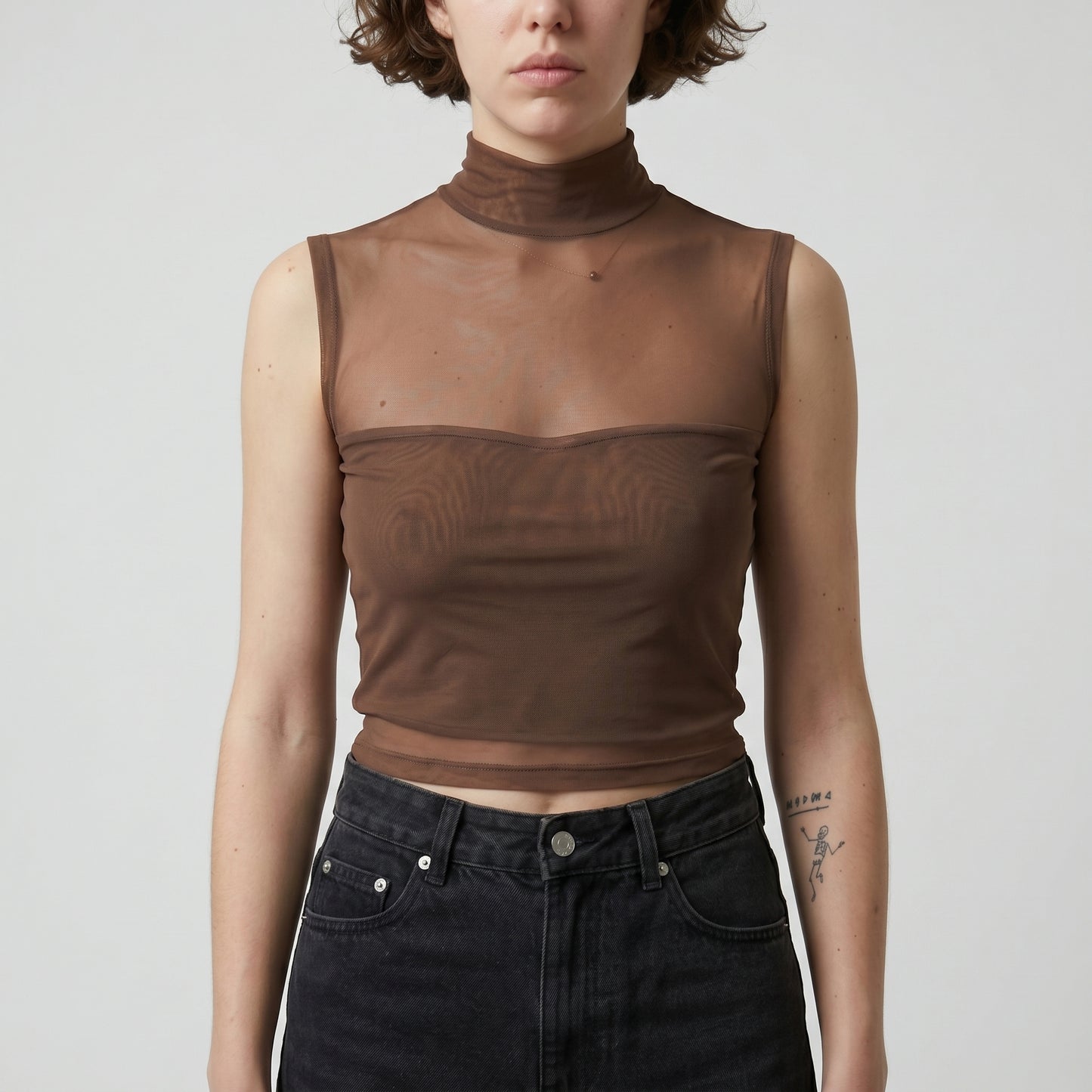 Sleeveless Sheer Mock Neck Top