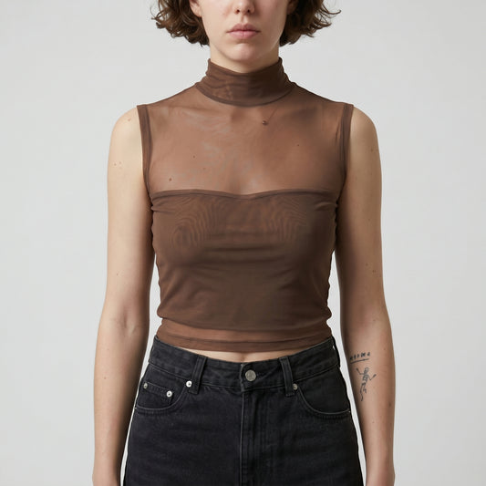 Sleeveless Sheer Mock Neck Top