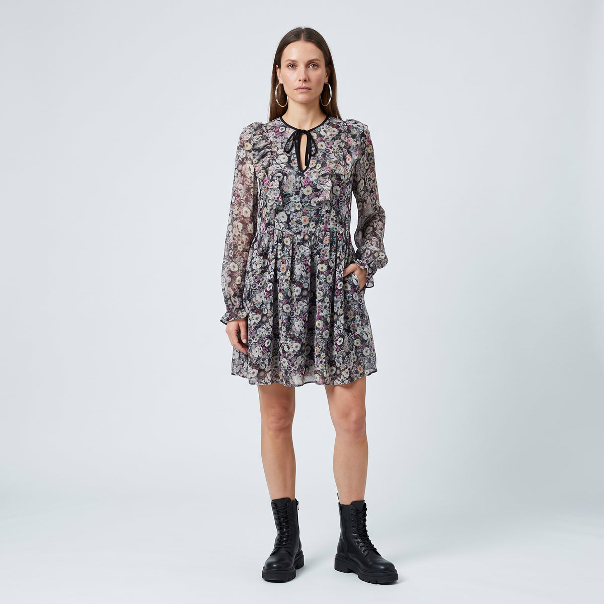 Floral Ruffle Chiffon Mini Dress