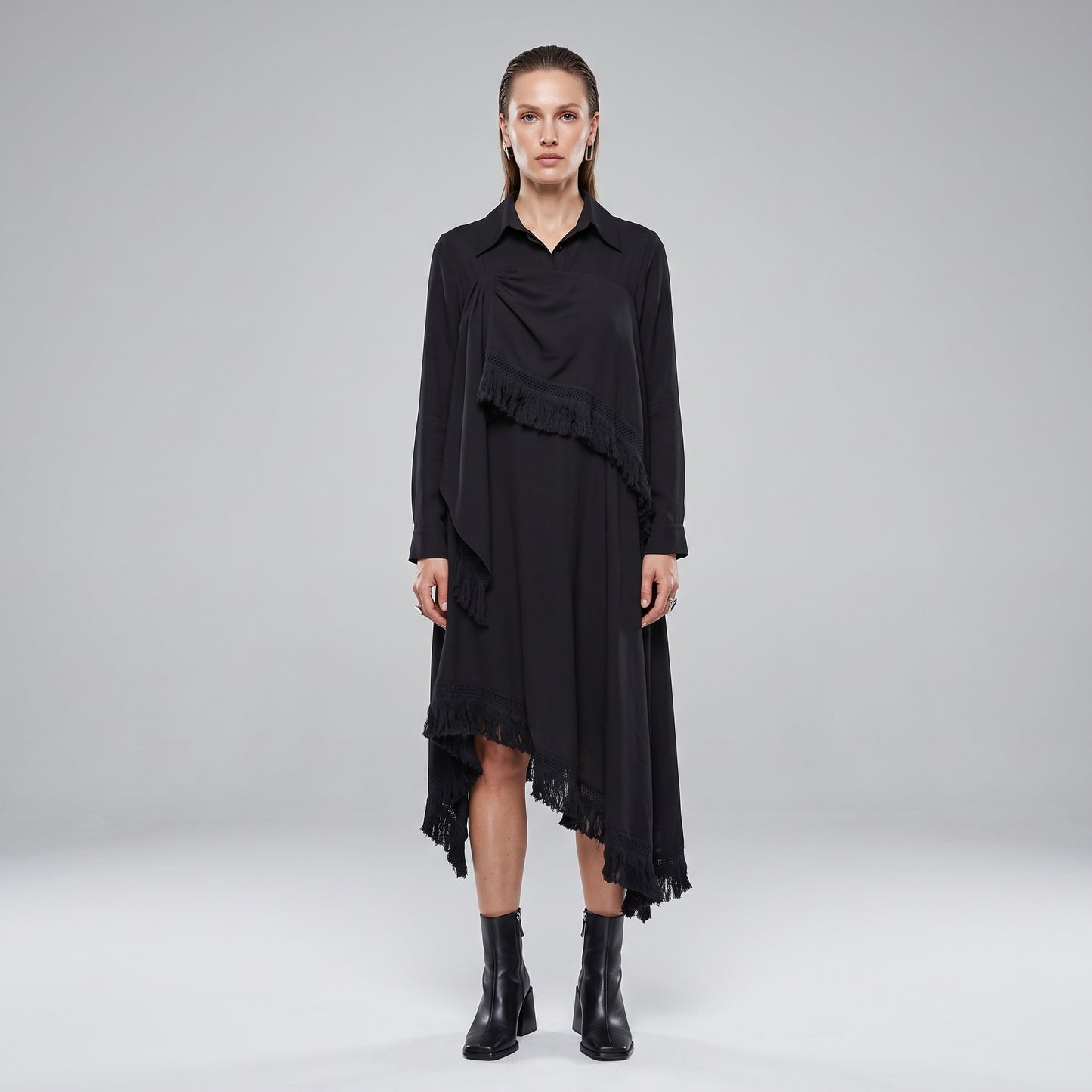 Fringed Asymmetric Black Dress