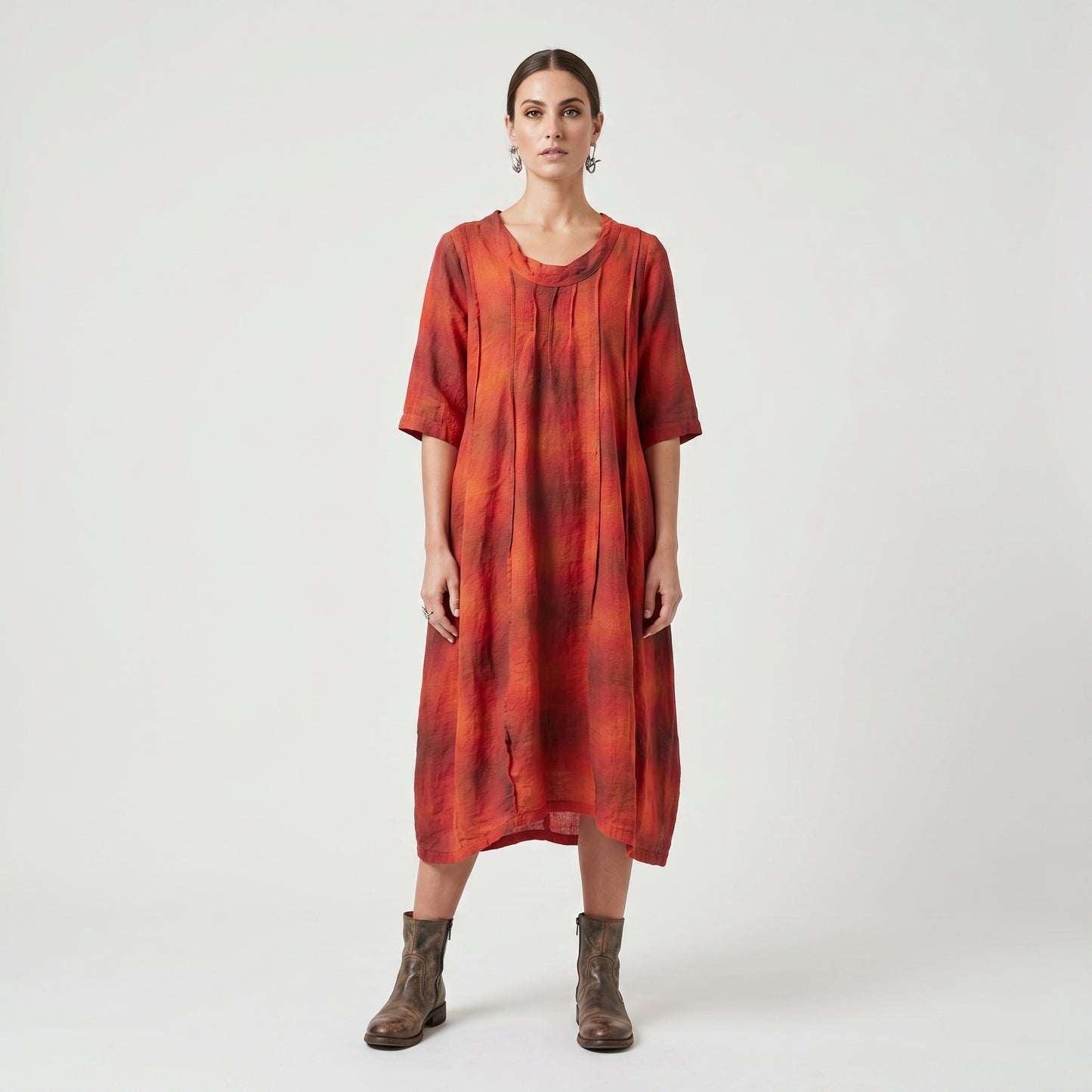 Pleated Plaid Linen Tunic