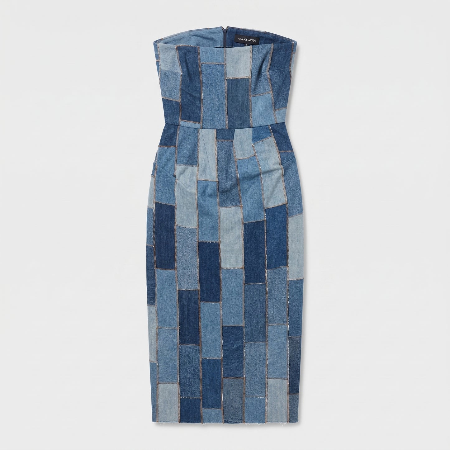 Patchwork Denim Strapless Midi Dress