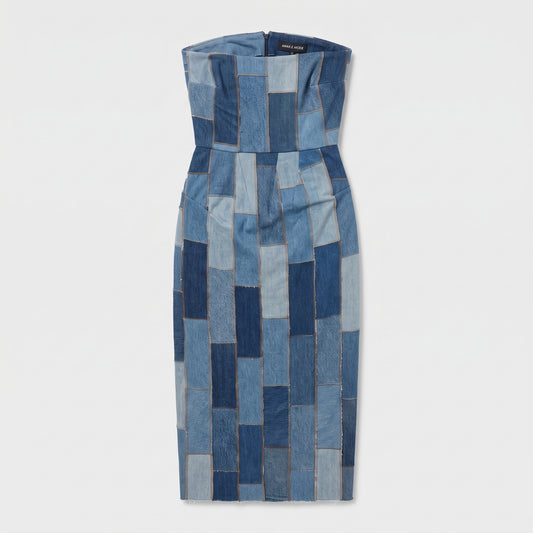 Patchwork Denim Strapless Midi Dress