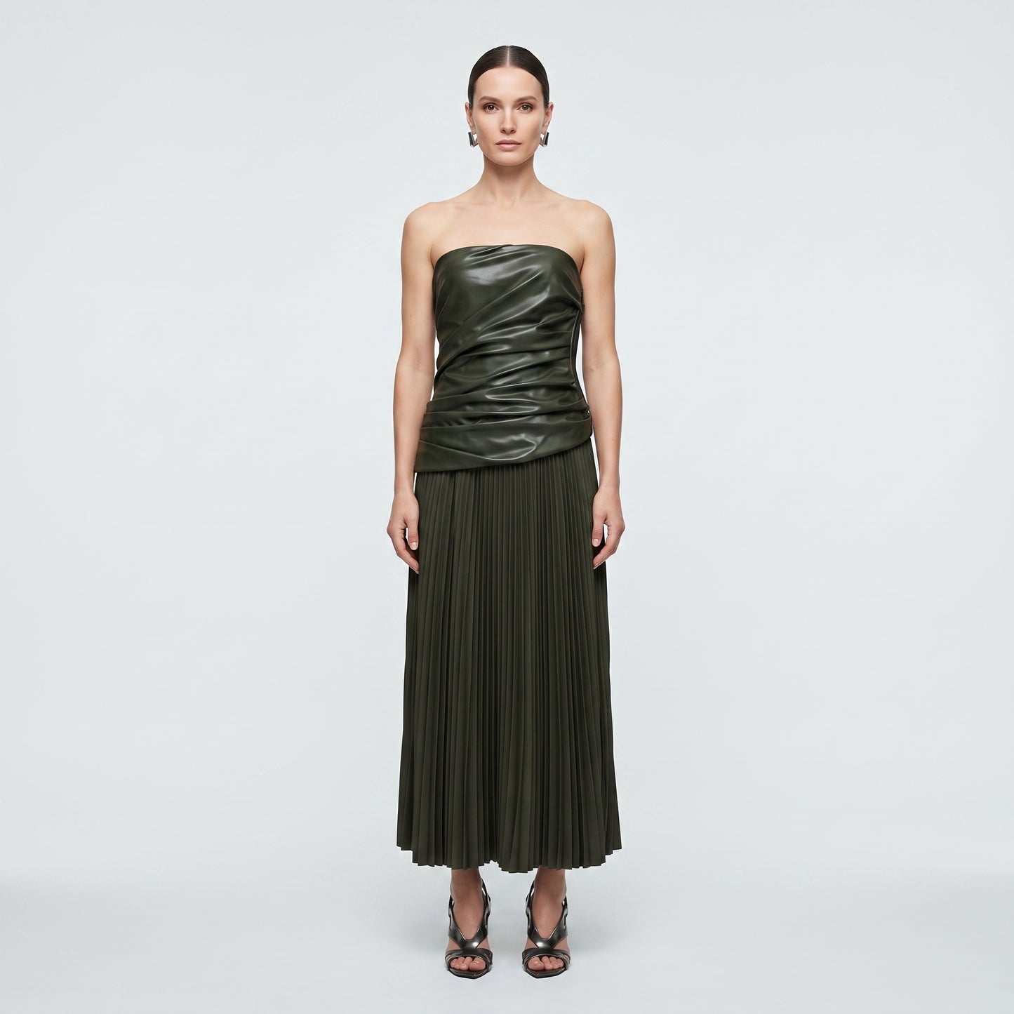 Ruched Faux Leather Pleated Dress