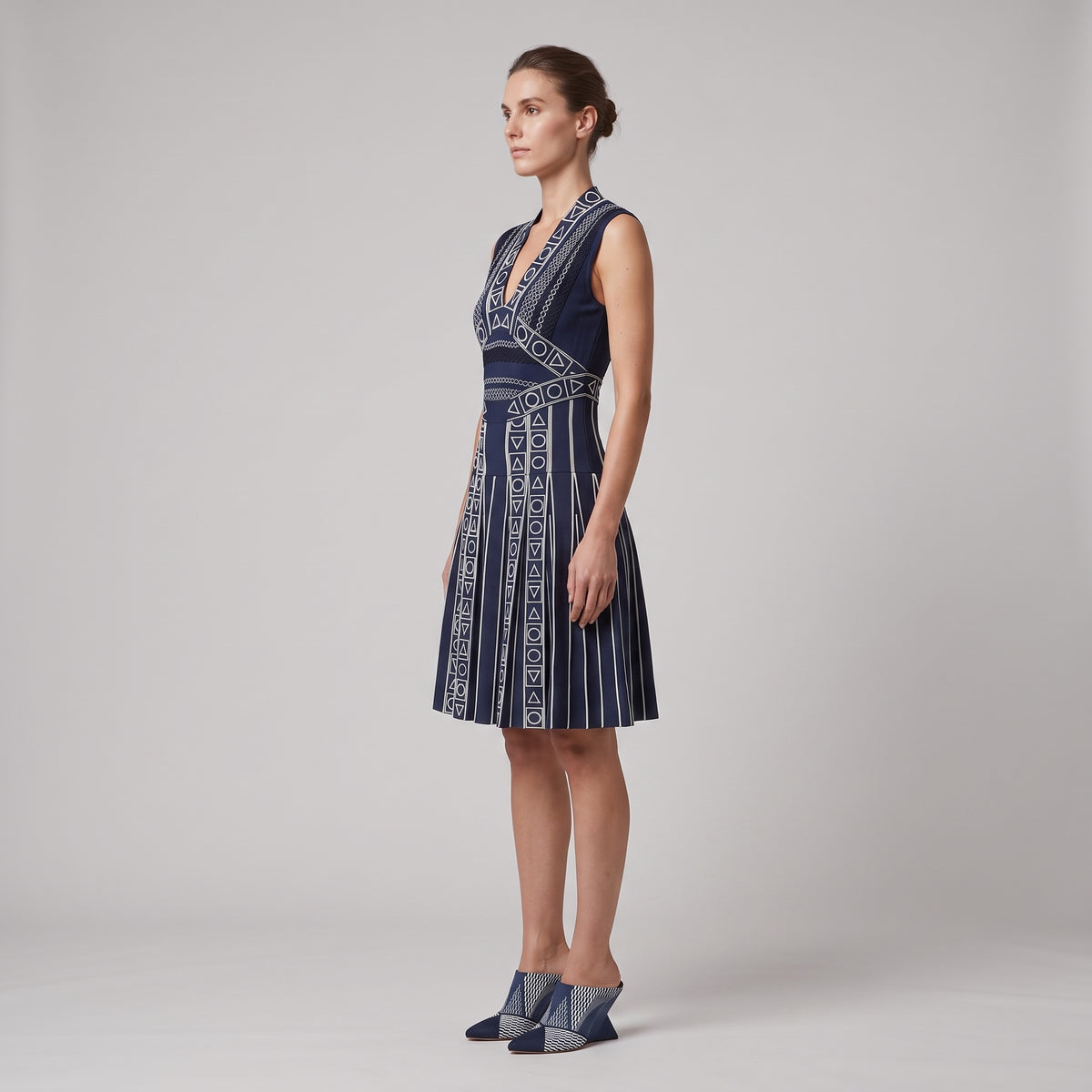 Geometric Embroidered Navy Knit Dress