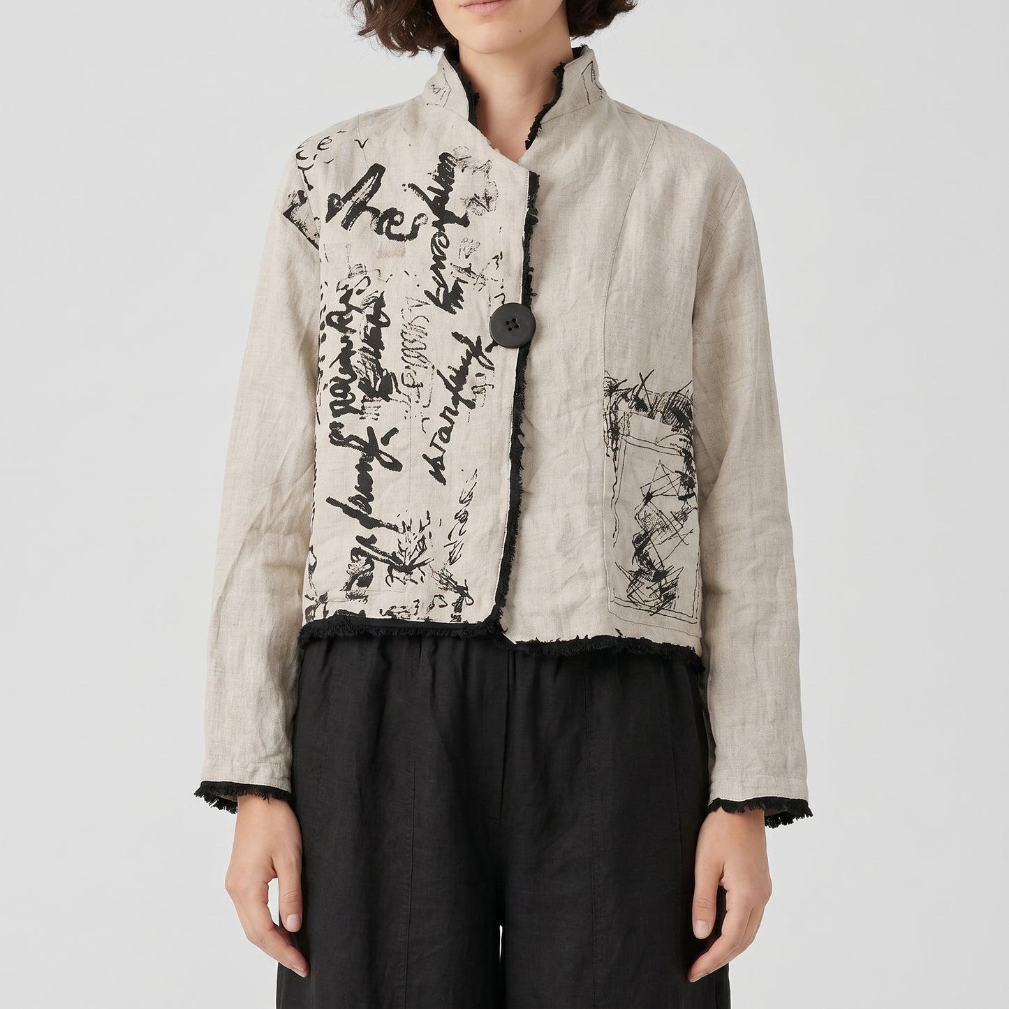 Abstract Print Linen Cropped Jacket