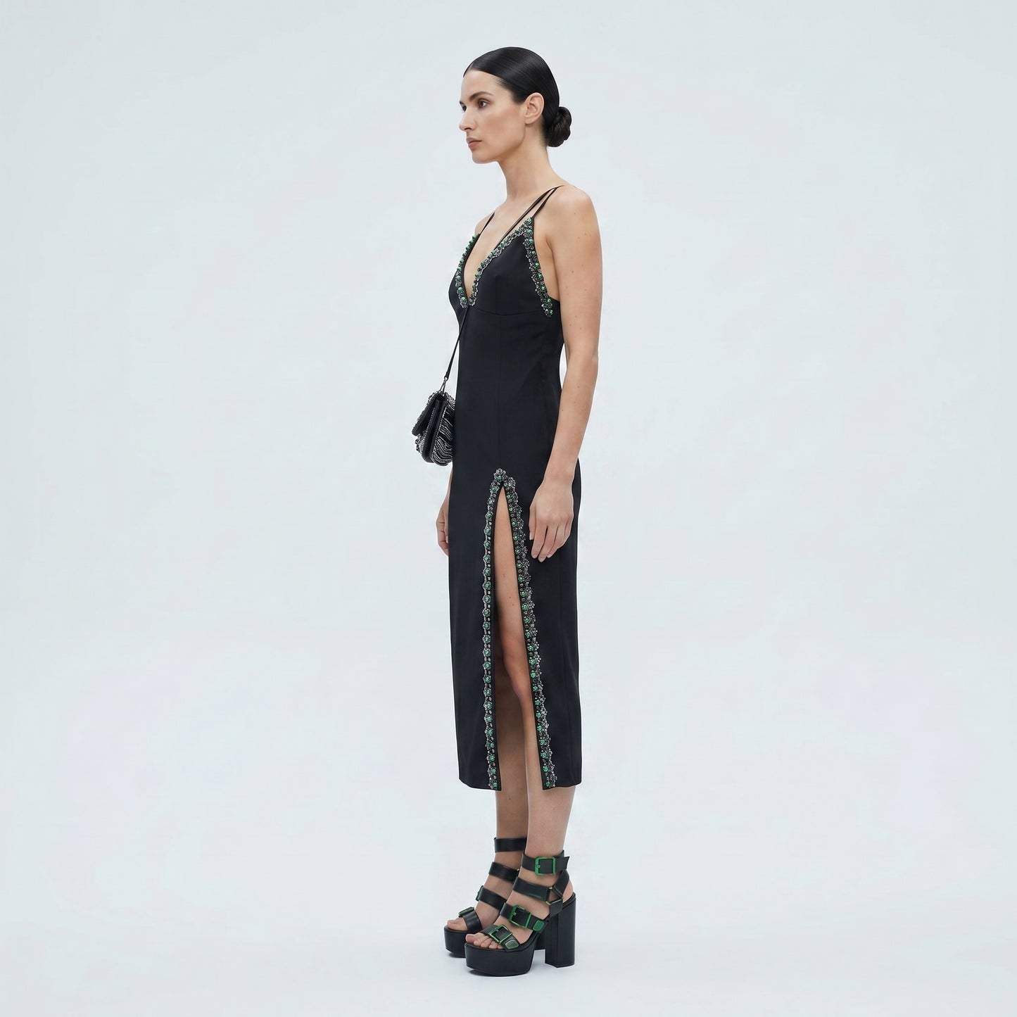Beaded Trim Slit Midi Dress