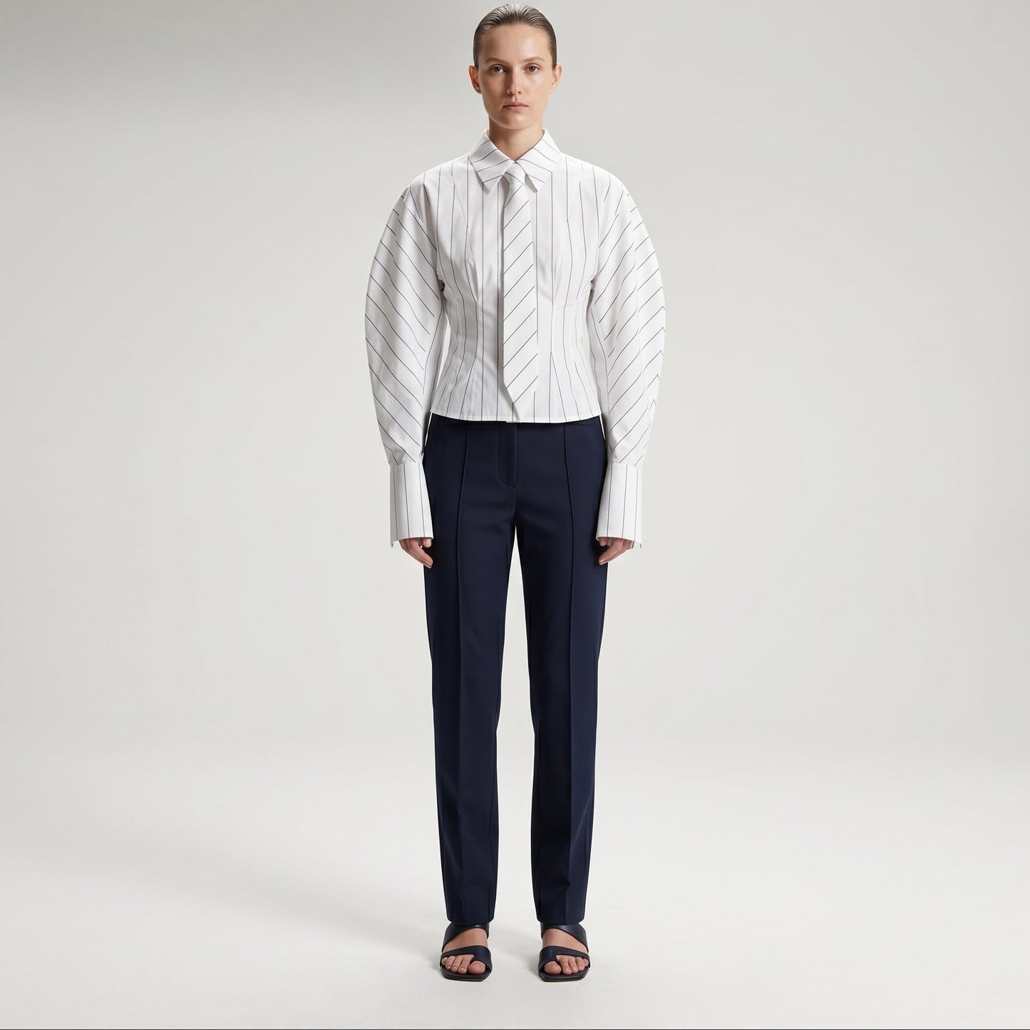 Striped Tailored Tie-Neck Shirt