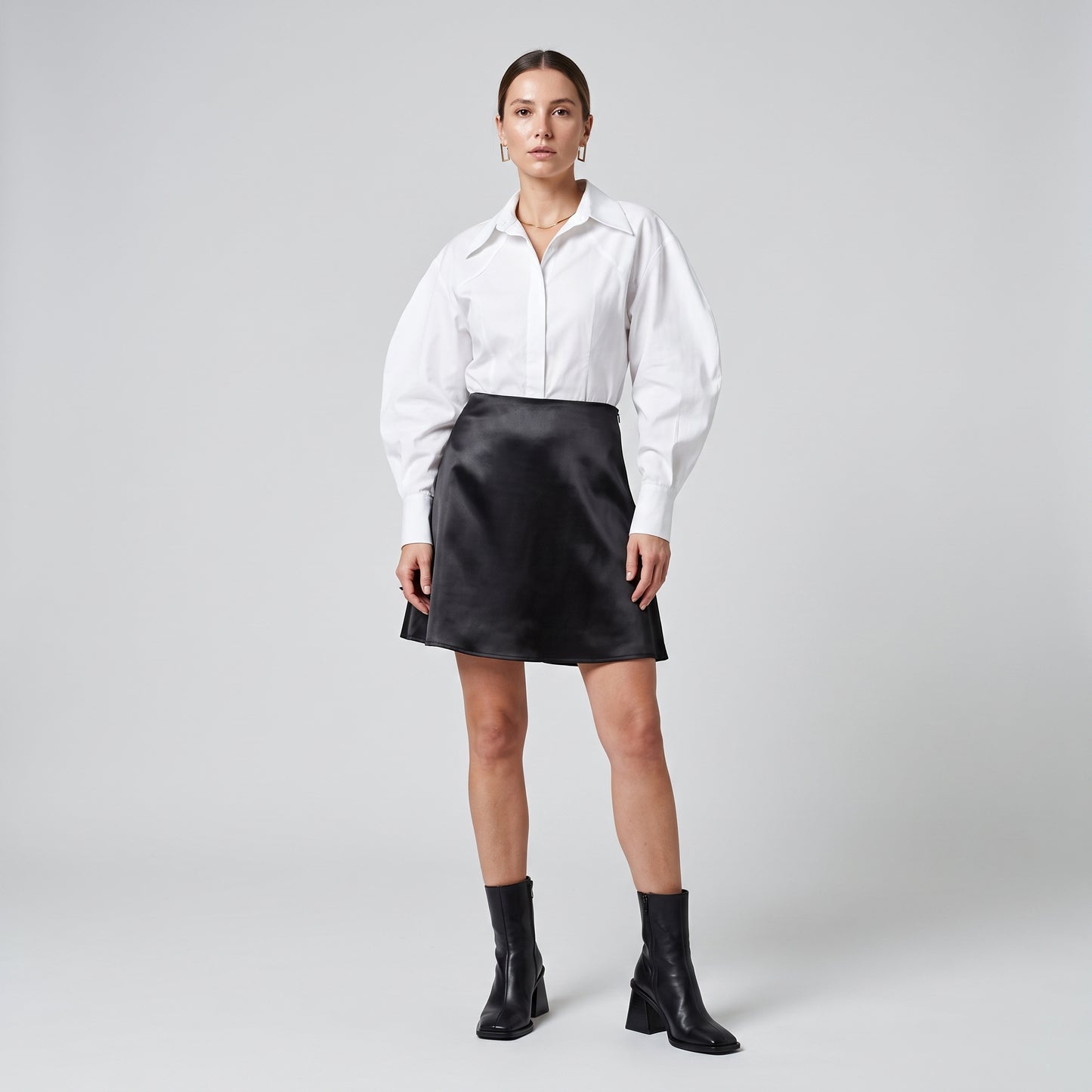 Sleek Black Satin A-Line Skirt