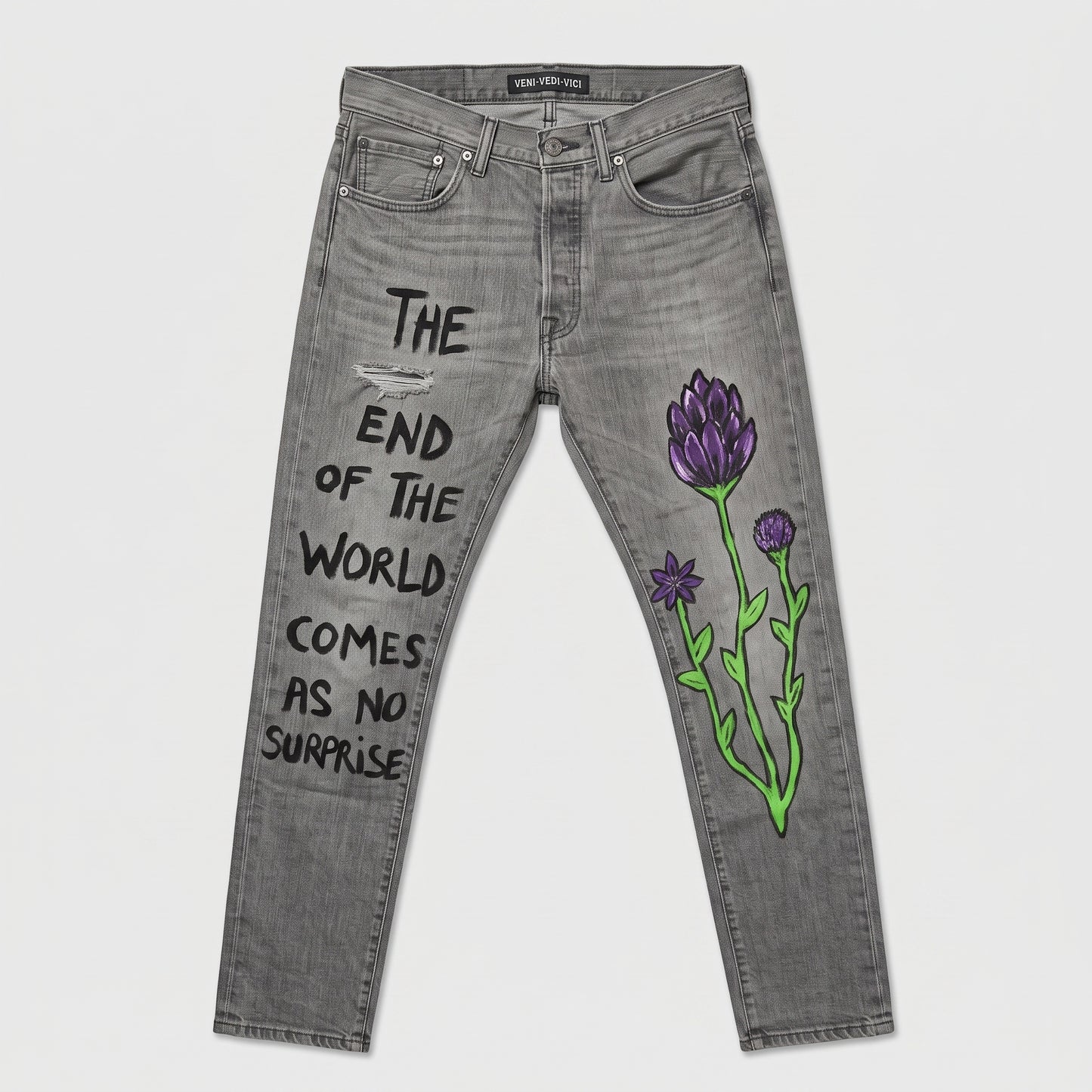 Graphic Printed Grey Denim Jeans