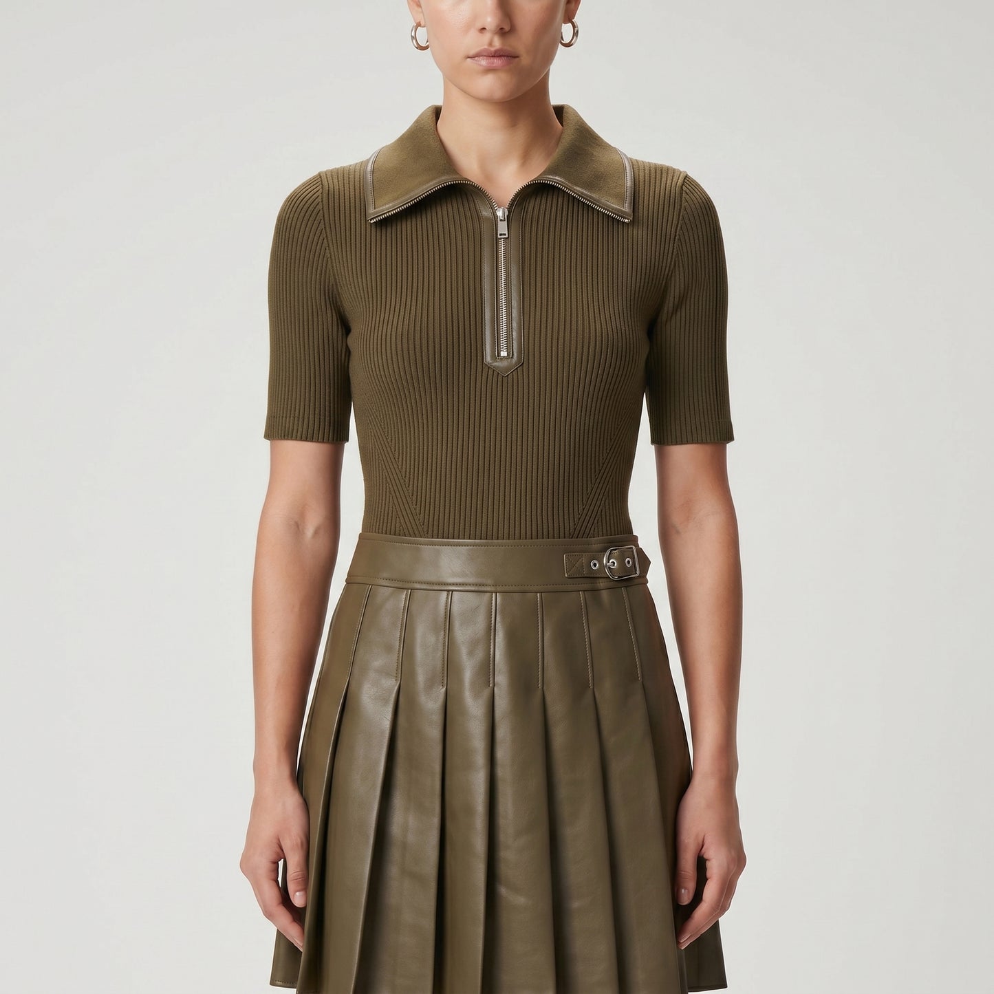 Pleated Ribbed Knit Polo Dress