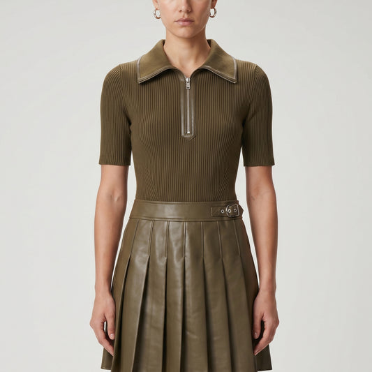Pleated Ribbed Knit Polo Dress
