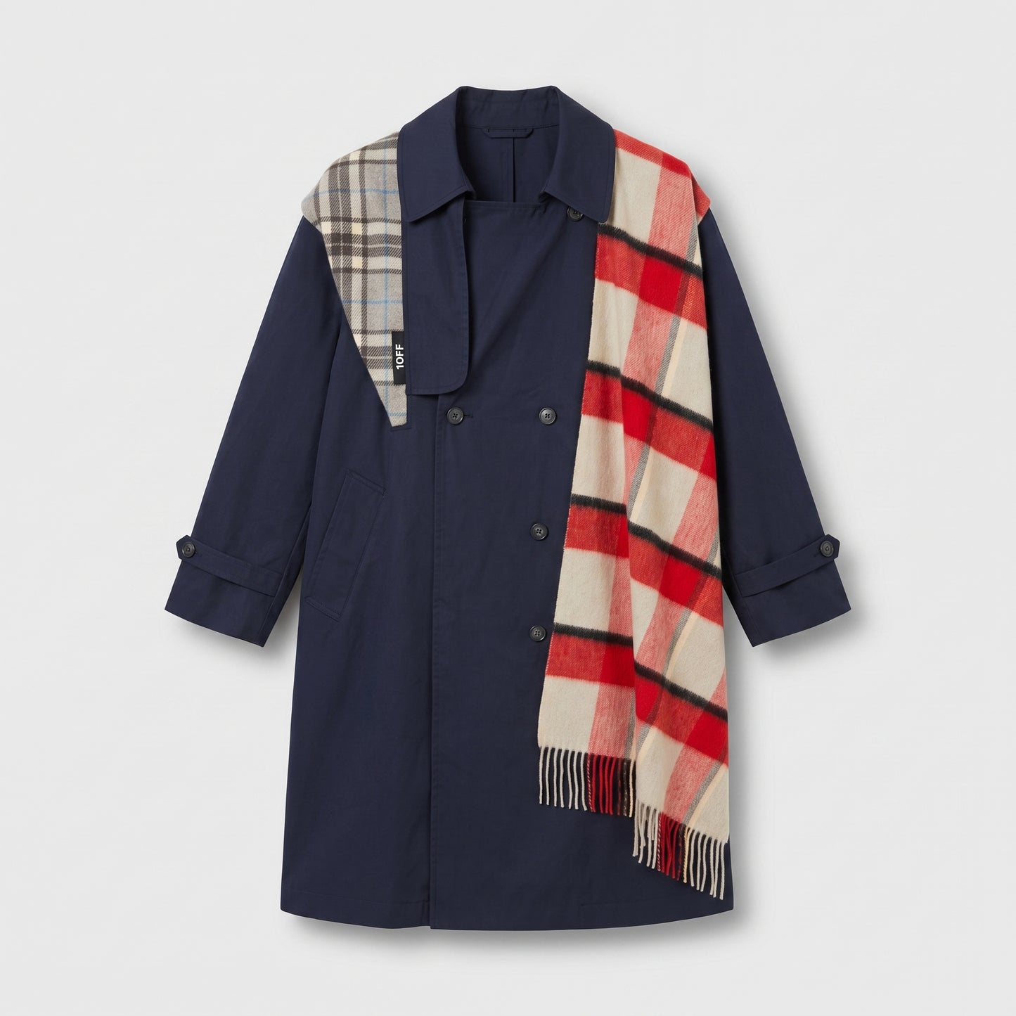 Plaid Accent Double-Breasted Coat