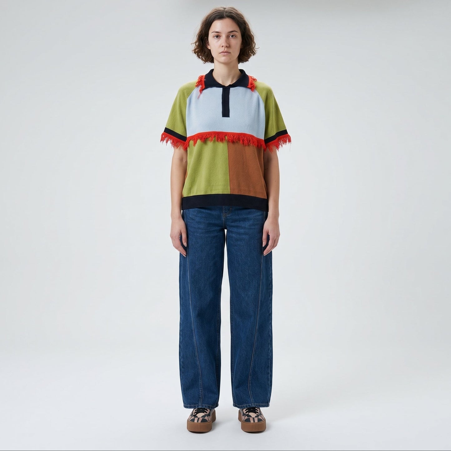 Colorblocked Fringe Knit Polo