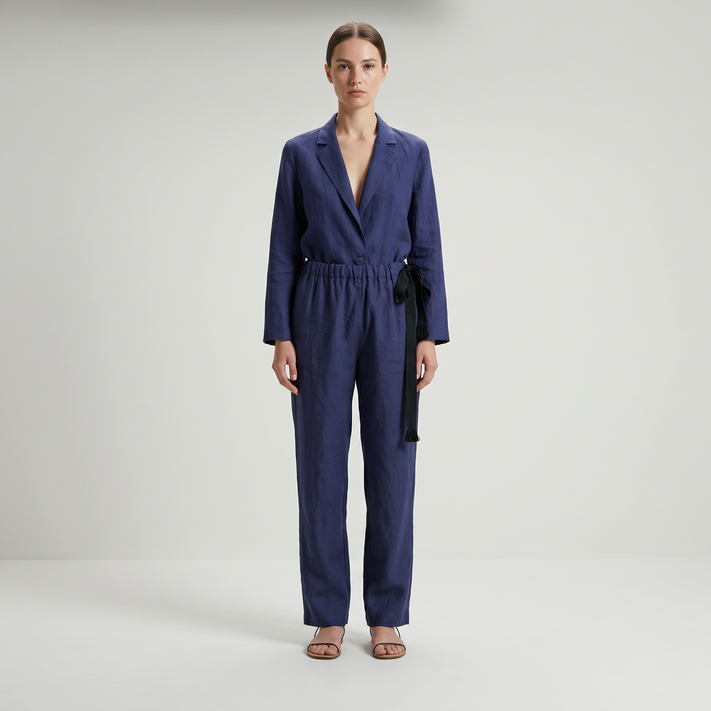 Relaxed Navy Linen Tie Trousers