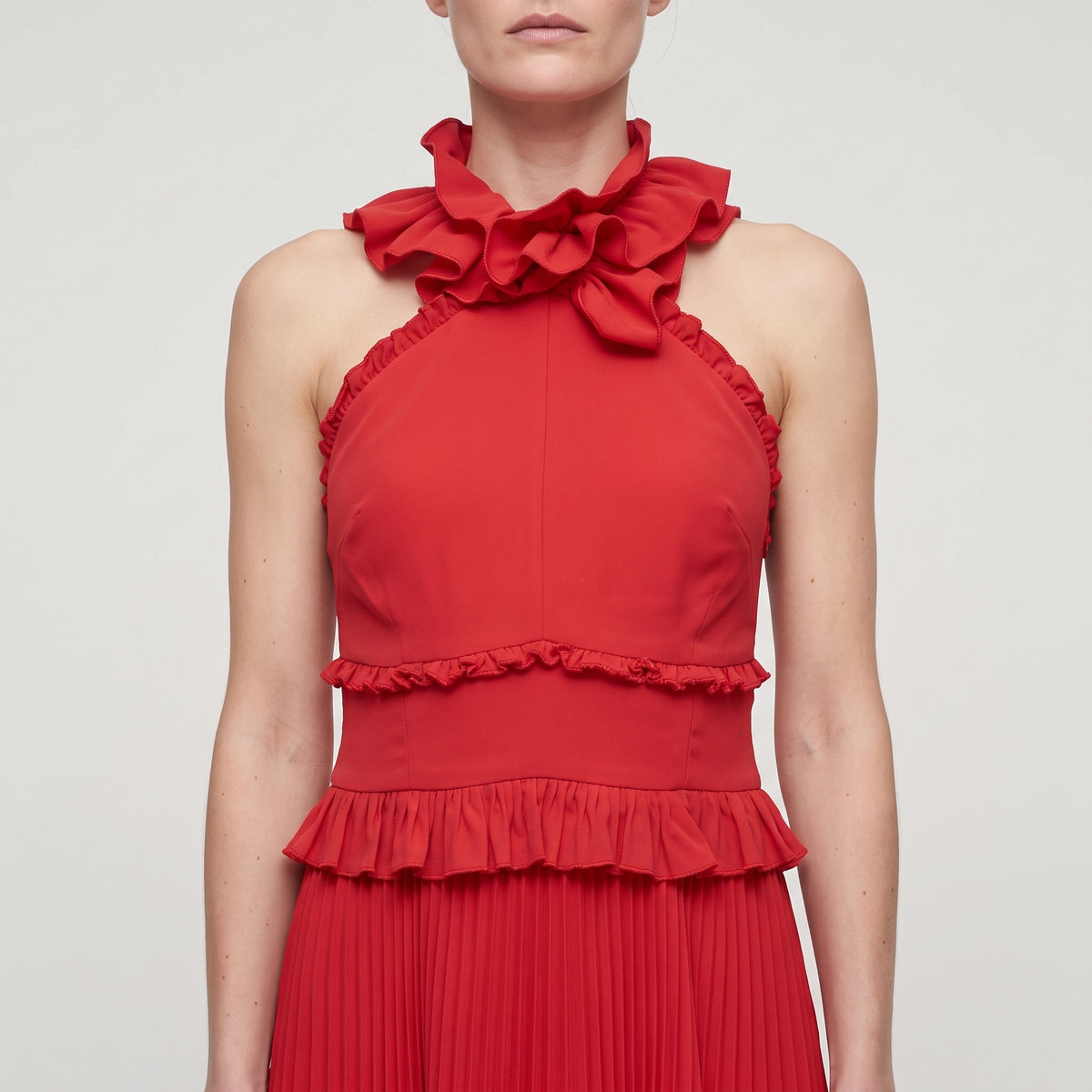 Ruffled Pleated Red Midi Dress