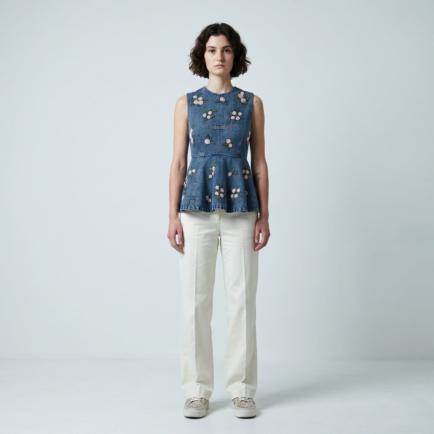 Embroidered Floral Denim Peplum Top