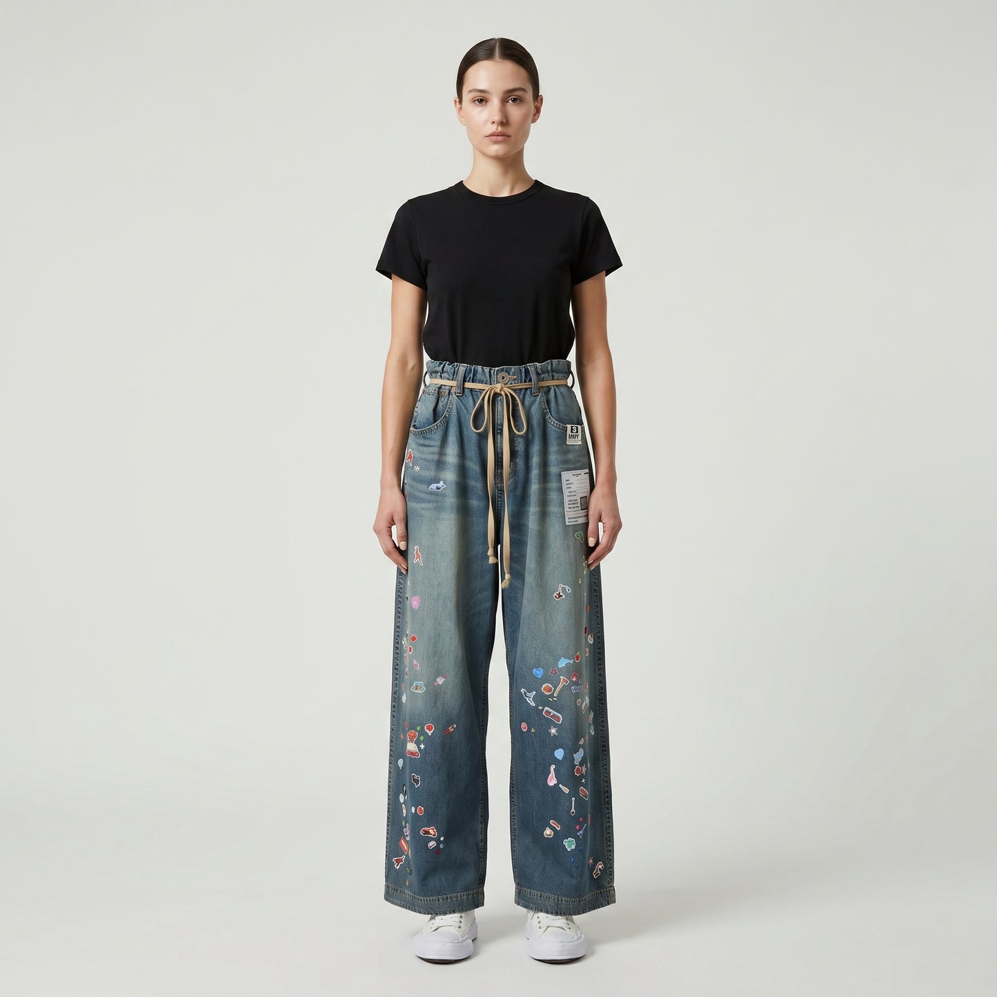 Embroidered Wide-Leg Denim Trousers