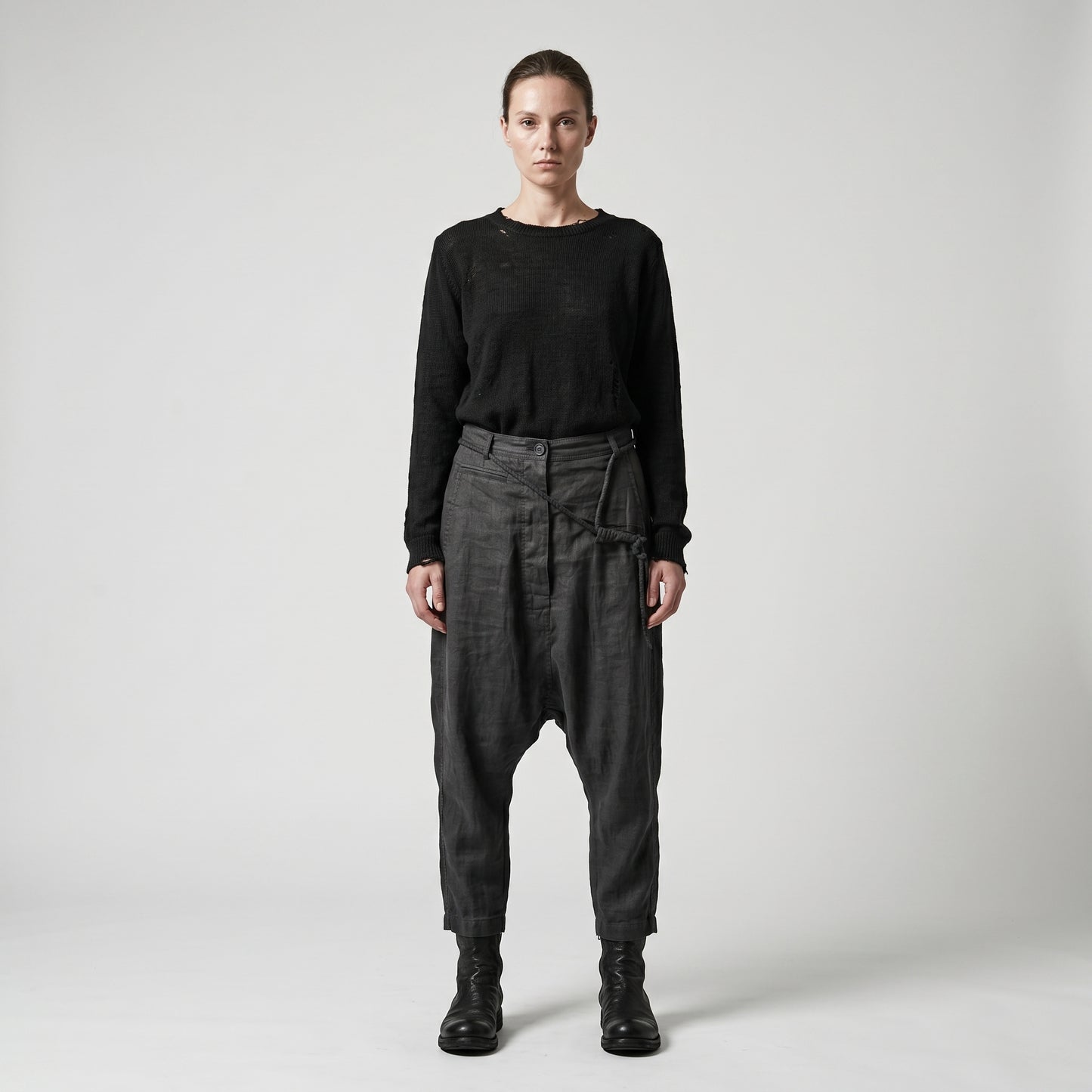 Black Drop-Crotch Linen Trousers