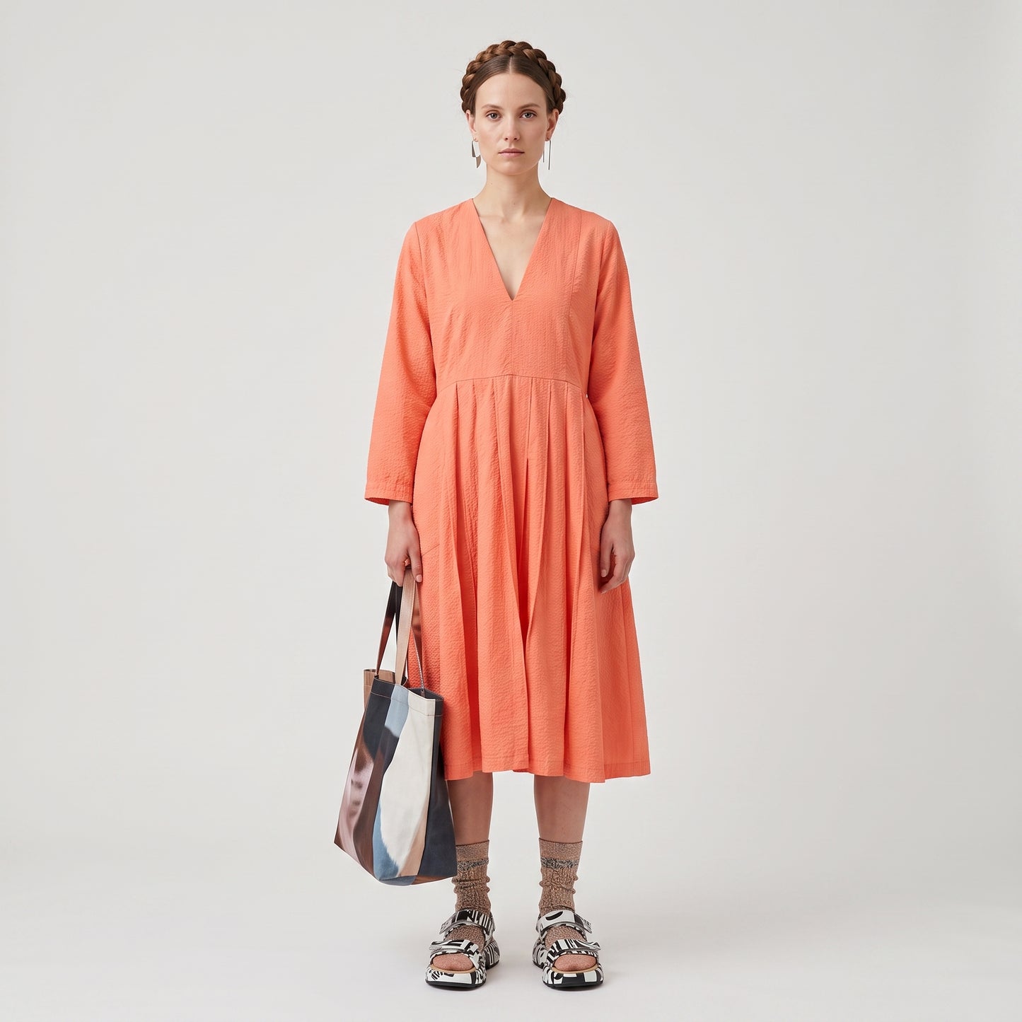 Pleated V-Neck Coral Dress