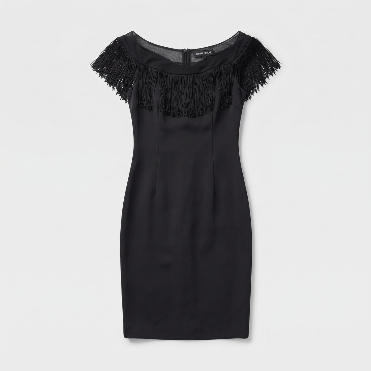 Fringe Trimmed Black Sheath Dress