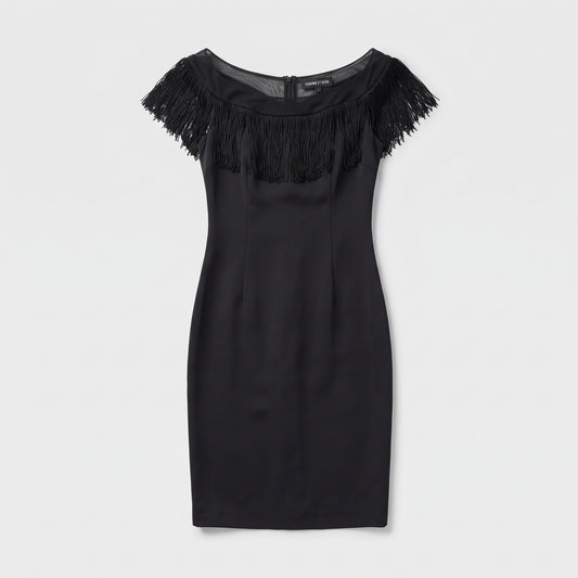 Fringe Trimmed Black Sheath Dress