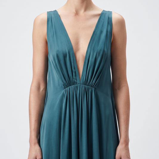 Pleated Satin V-Neck Gown