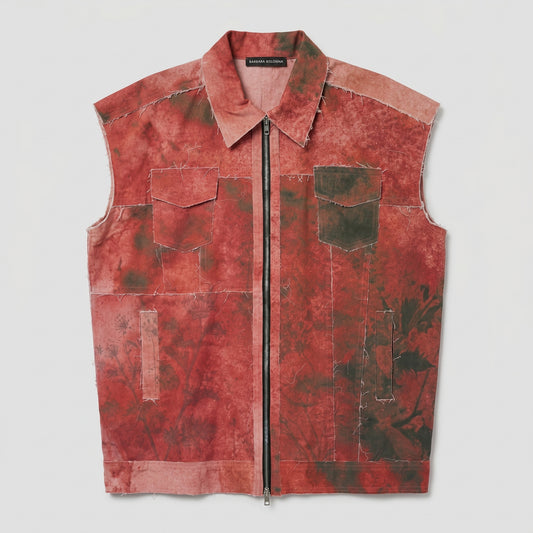Distressed Patchwork Zip-Up Vest