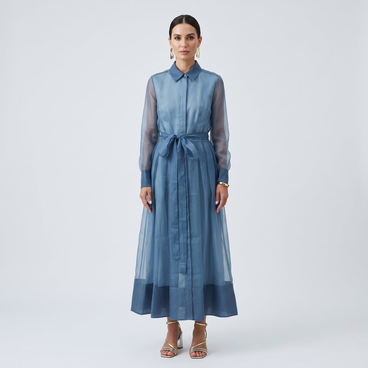 Sheer Organza Belted Midi Dress